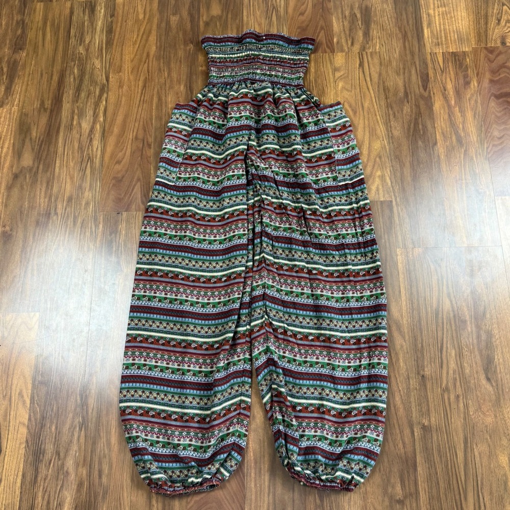 Boho Rayon Harem Pants Smocked High Waist Geometric Print Genie Trousers Pockets
